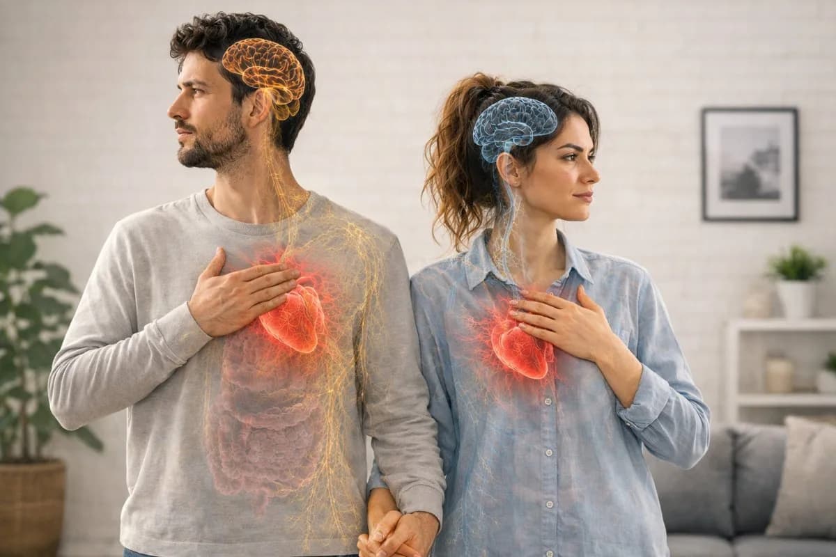 Una pareja de espaldas, cada uno con la mano en el pecho