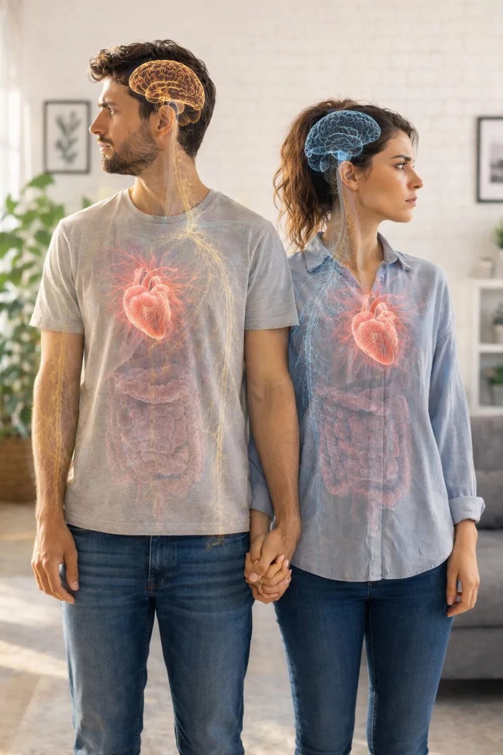 Una pareja de la mano, con el corazón y el sistema nervioso de cada uno iluminados