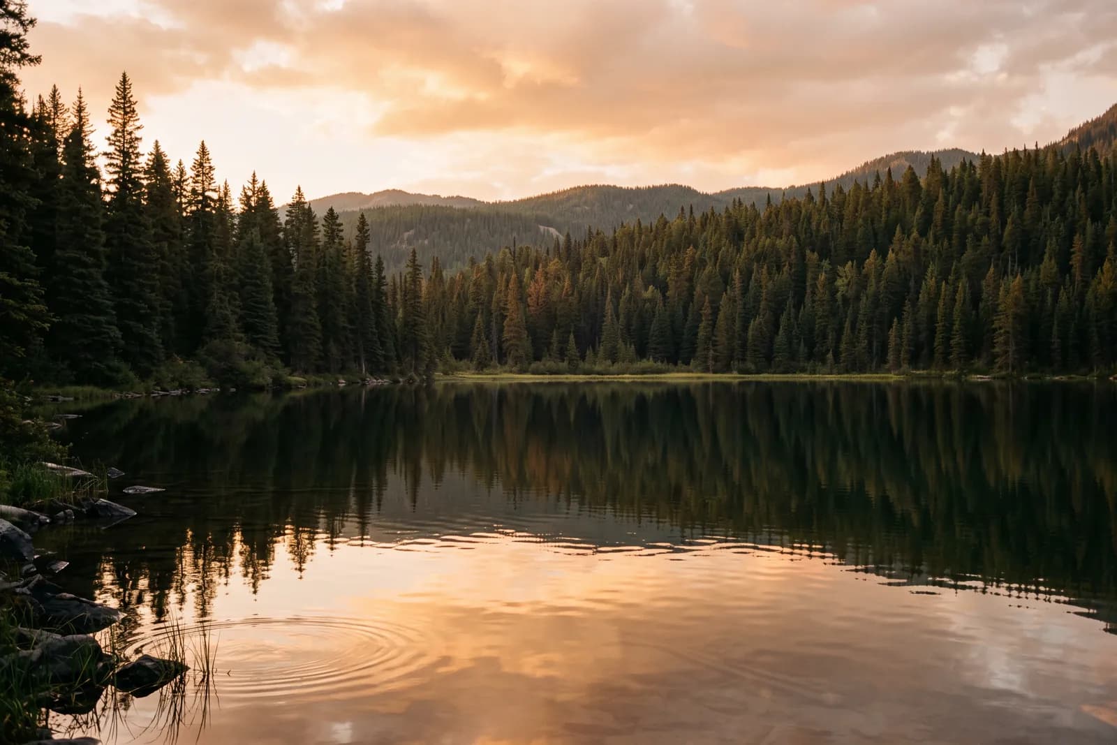 Un lago en calma refleja el bosque y el cielo al atardecer