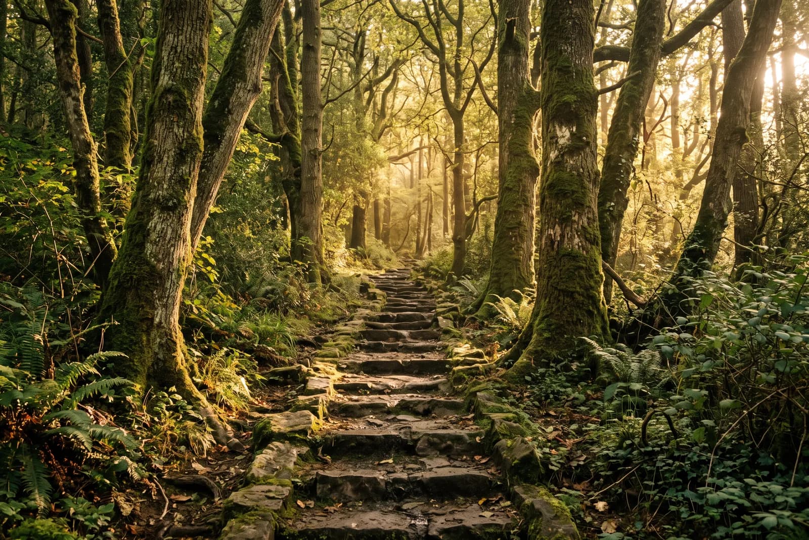 Un sendero de piedra entre árboles, iluminado al fondo