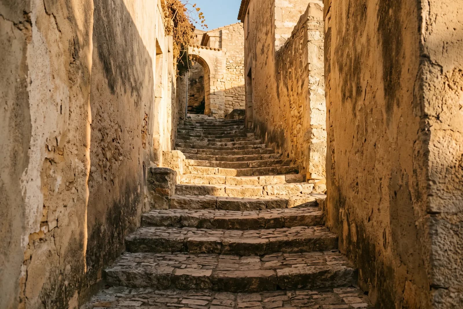 Escalera de piedra exterior con luz dorada y sombras largas